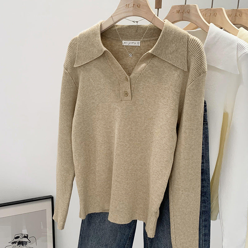 Polo Collar Button Base Long Sleeve Inner Wear Short Sweater Beautiful Top