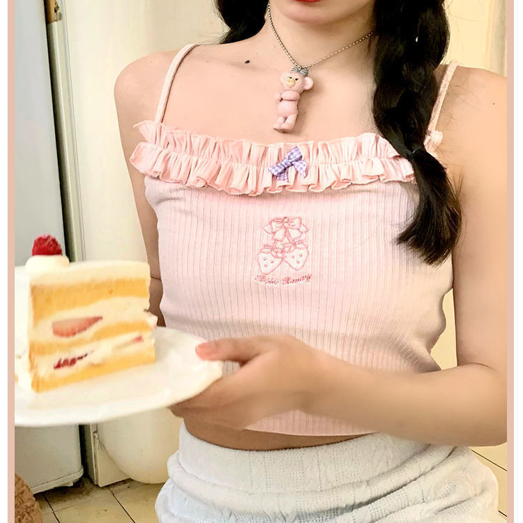 Summer New Girly Style Strawberry Embroidery Sweet Camisole