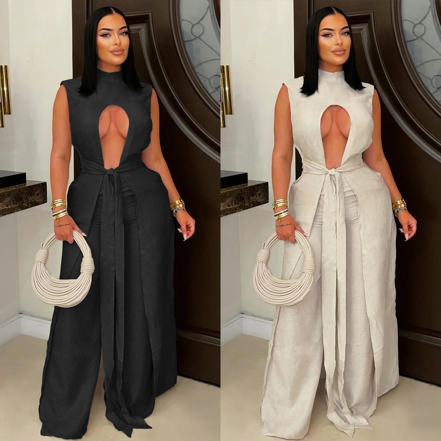 Fashion Women's Wear Sexy Solid Color Lace-up Sleeveless Trousers Suit