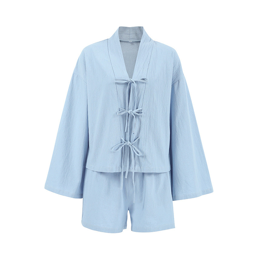 100 Cotton White Loose-Fit Casual Comfortable Womens Loungewear Long-Sleeve Top And Pants Pajama Set