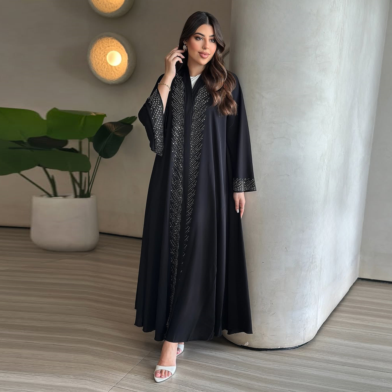 Stylish And Elegant Black Robe With Rhinestone Embellishments