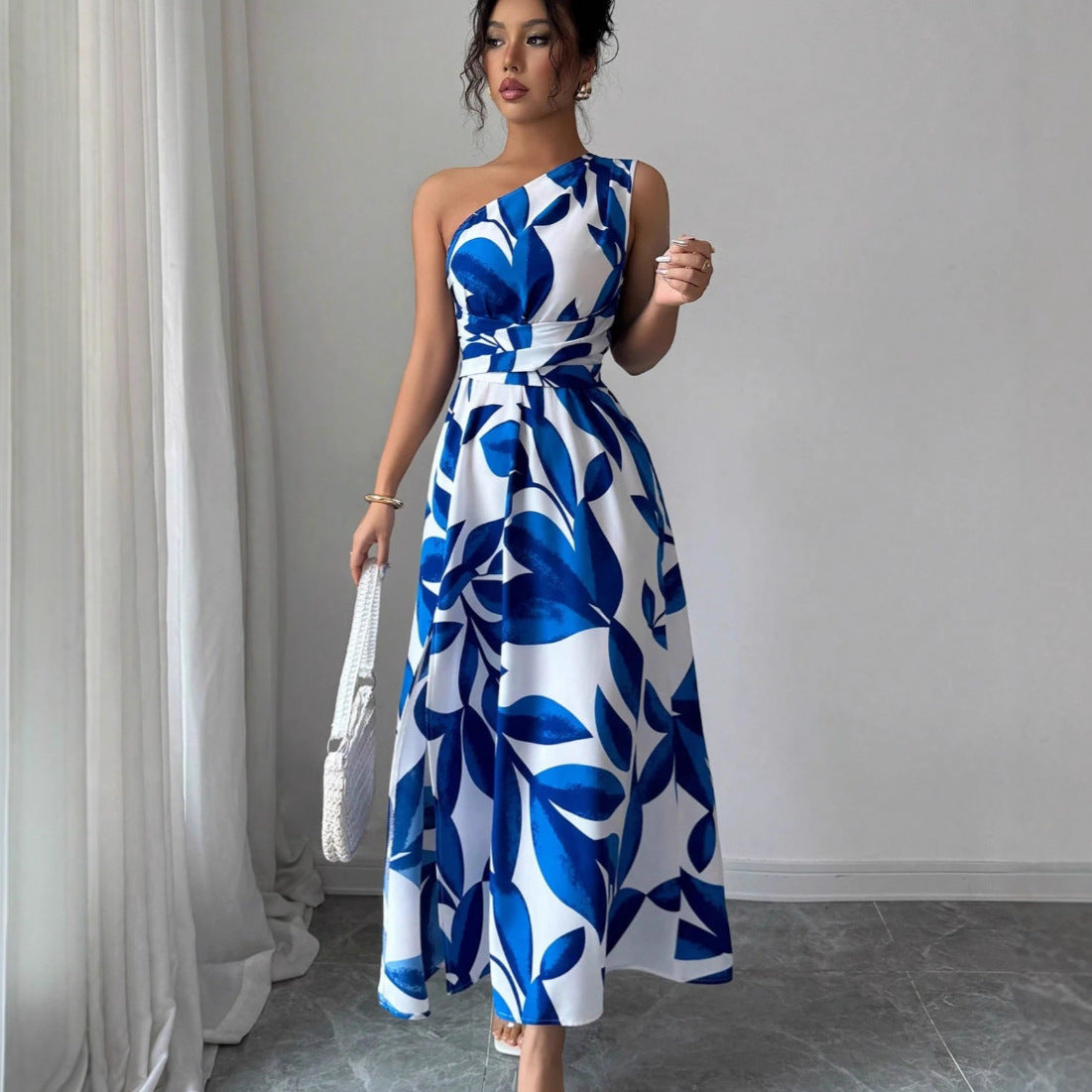 Womens Printed Off-the-Shoulder Slit Dress