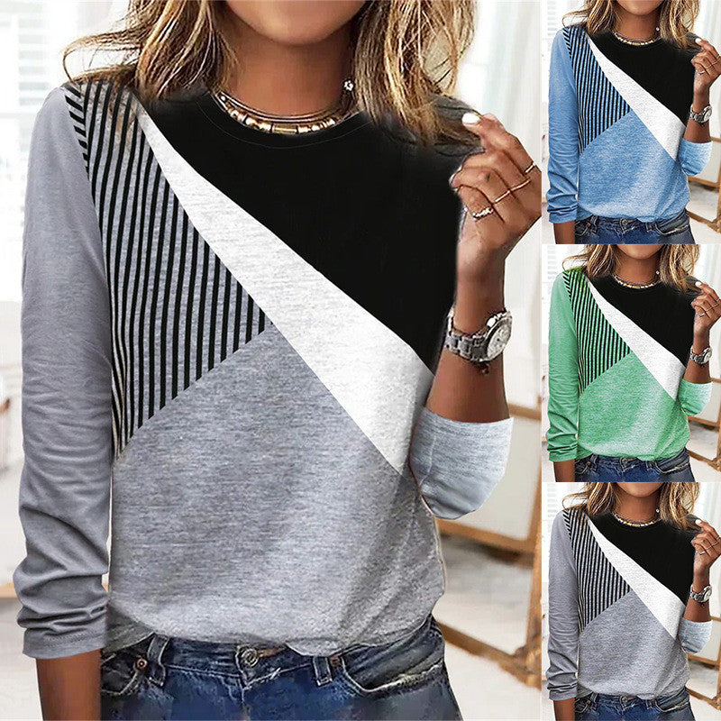 Rundhalset Colorblock Stribet Bund Langærmet Printet T-shirt