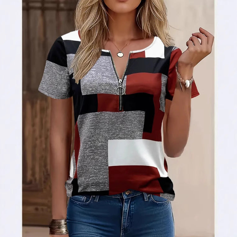 Sale Women's Casual Contrast Color Zipper Short Sleeve Round Neck
