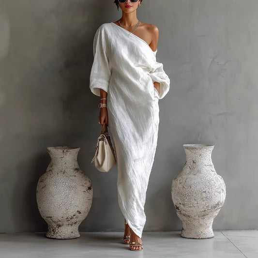 Irregular Off-shoulder Long Dress Fashion Elegant Long-sleeved Dresses Women's Beach Vacation Clothing