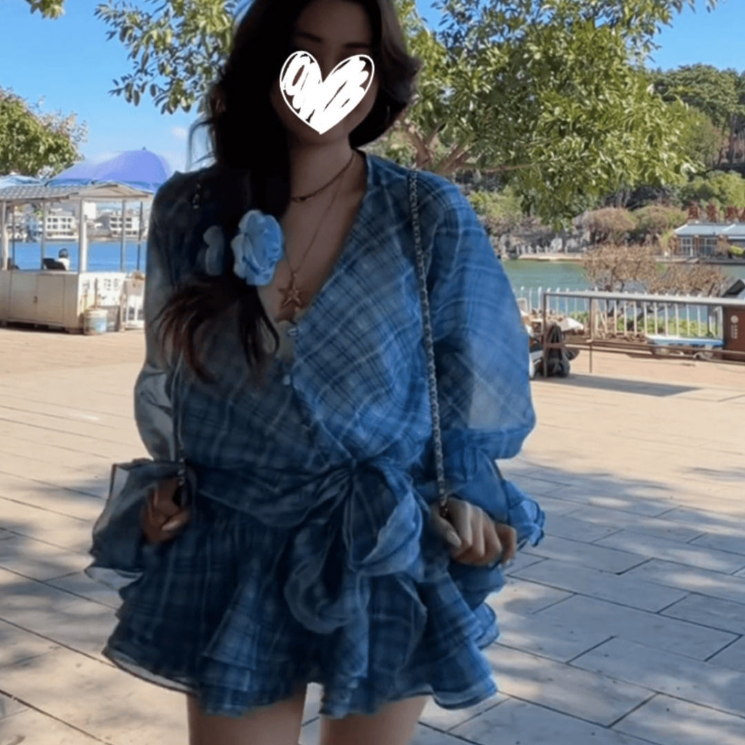 Beach-Style Youthful Plaid Dress With A Puffy Skirt