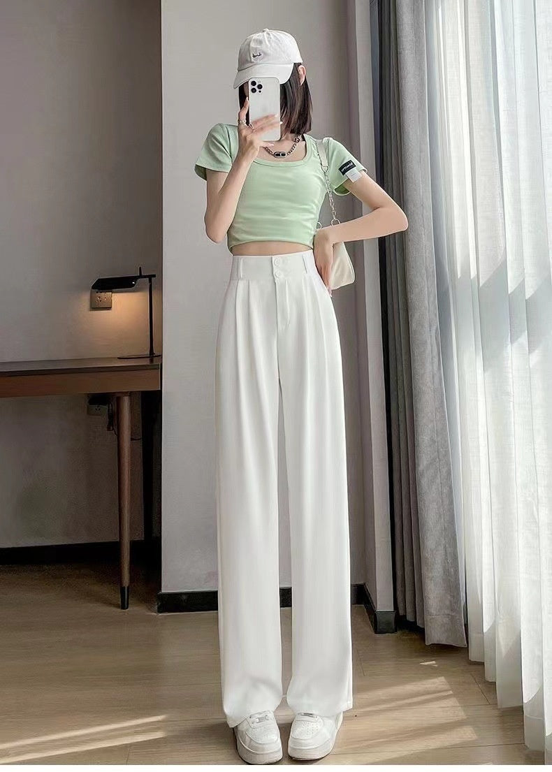 Green Ice Silk Wide-leg Pants Women's Summer Thin High Waist