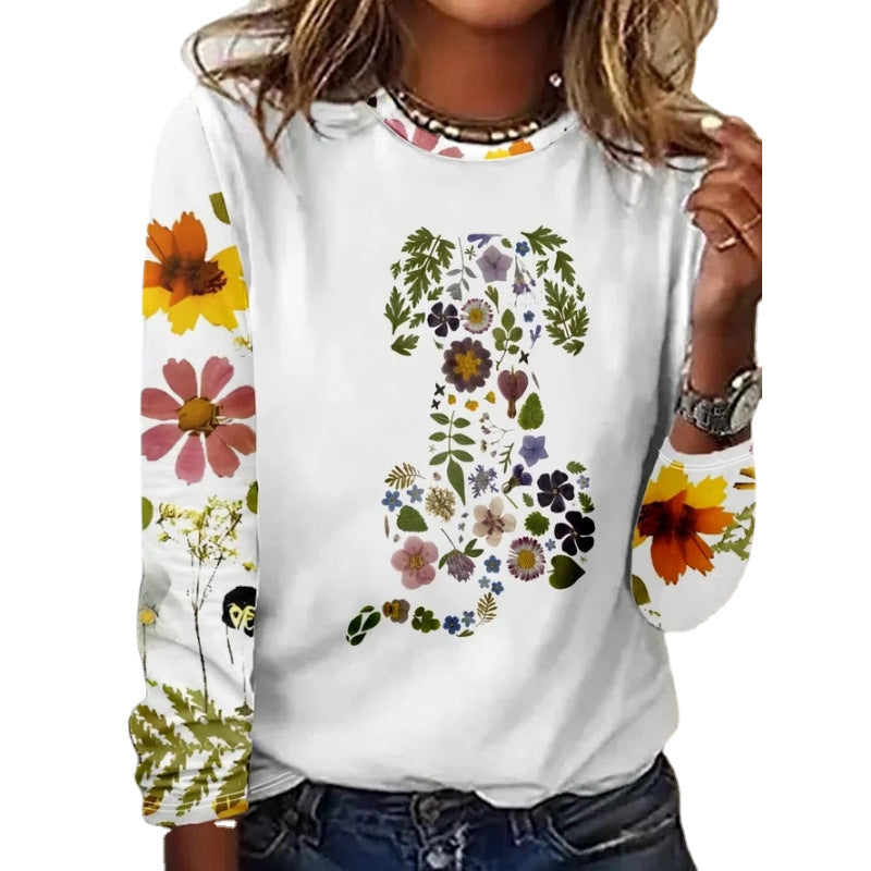 Women's Pullover Floral Printed Round Neck Long Sleeve T-shirt