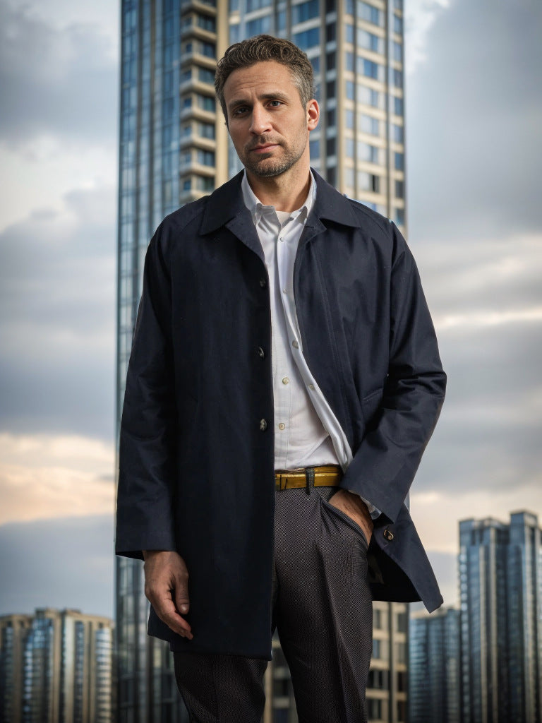 Langærmet trenchcoat til mænd, revers, slim fit, enkeltbrystet, afslappet jakke
