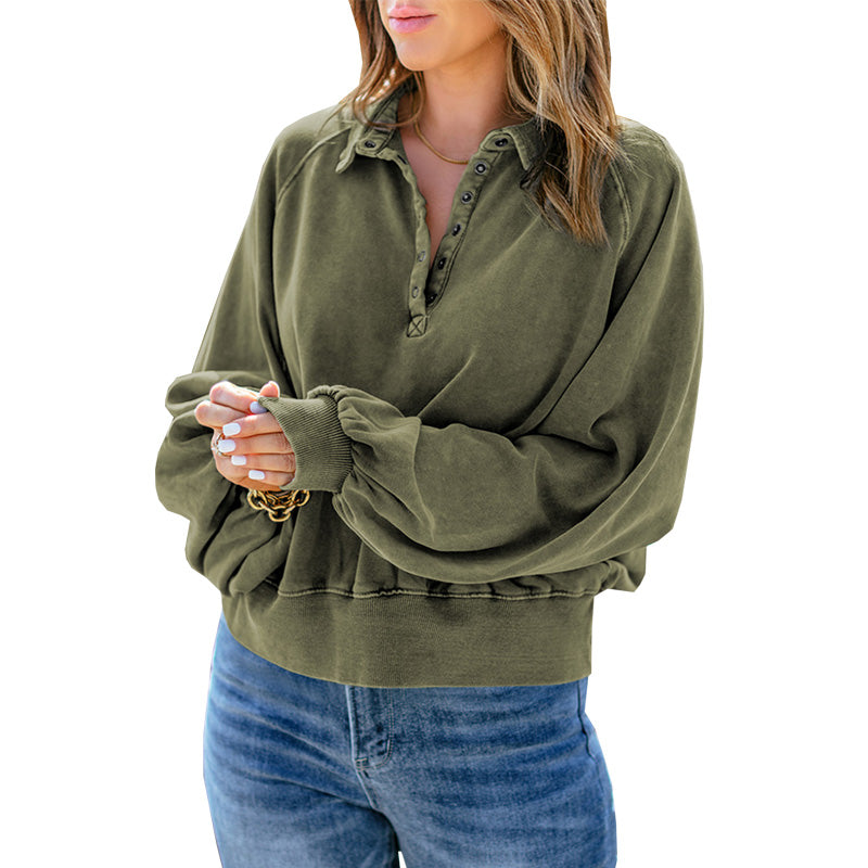 Long-sleeve Blue-dyed V-neck Pullover Sweatshirt