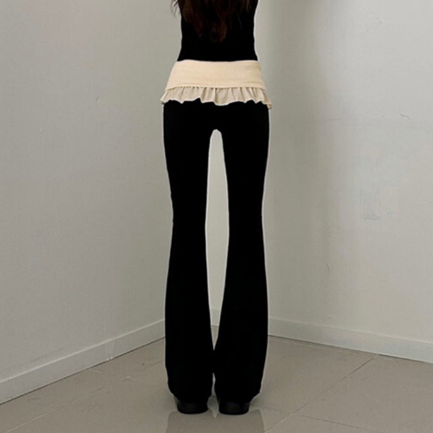 Casual Color-Block Flared Pants With Ruffled Hem And Patchwork Design