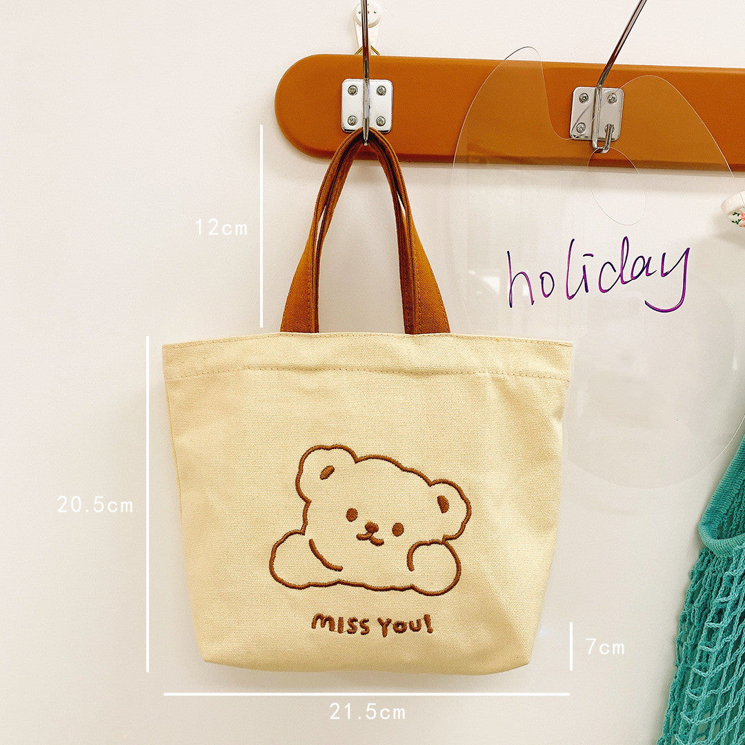 Portable Canvas Embroidery Cartoon Student Simple Handbag