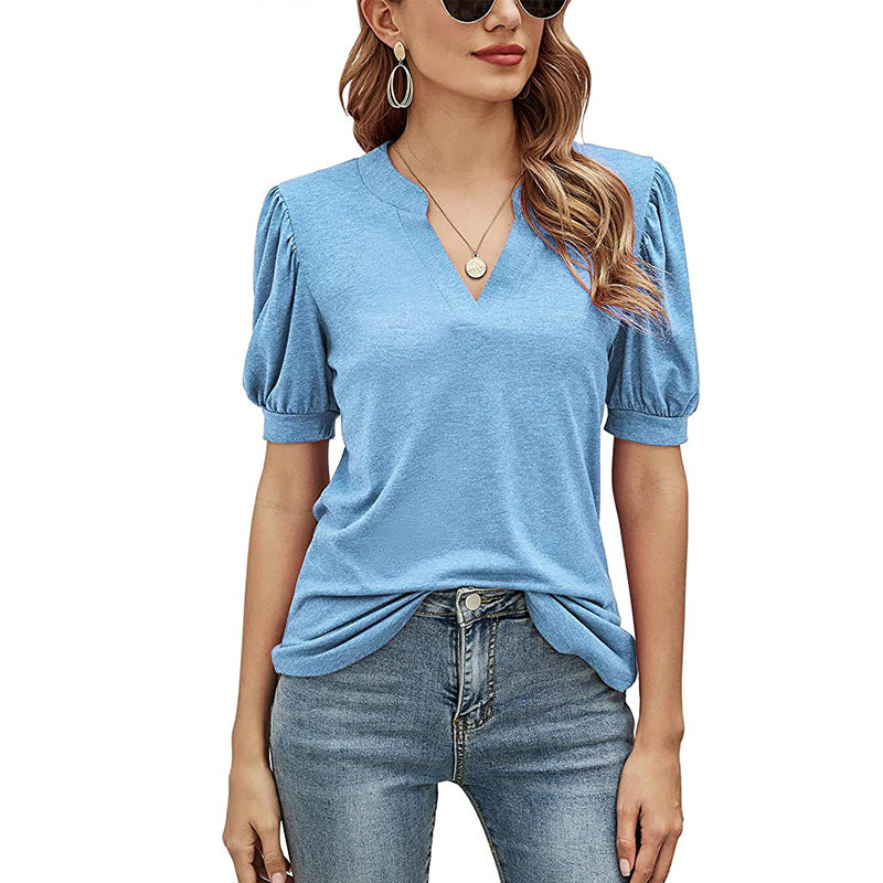 Women's New Casual V-neck Puff Sleeve Loose T-shirt Women