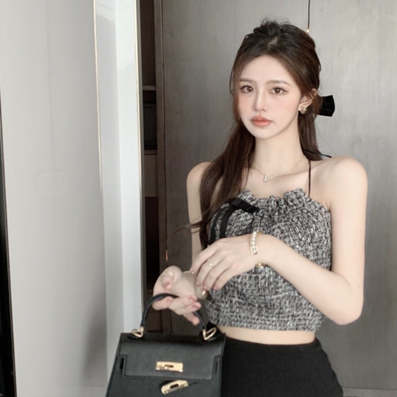 Sleeveless Slim Fit Summer Plaid Halter Bow Sling