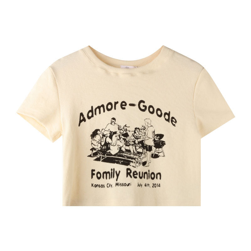 American-style Retro Cartoon-print Drop-shoulder Short-sleeve T-shirt