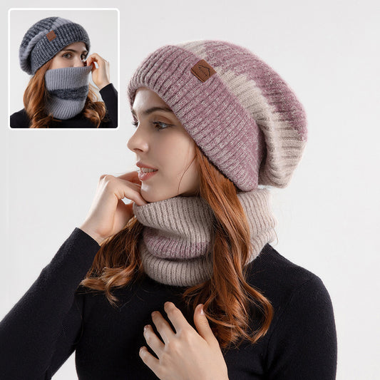 Knitted Hat Suit With Scarf Winter Two-color Hat And Thick Warm Earflaps Wool Scarf 2pcs