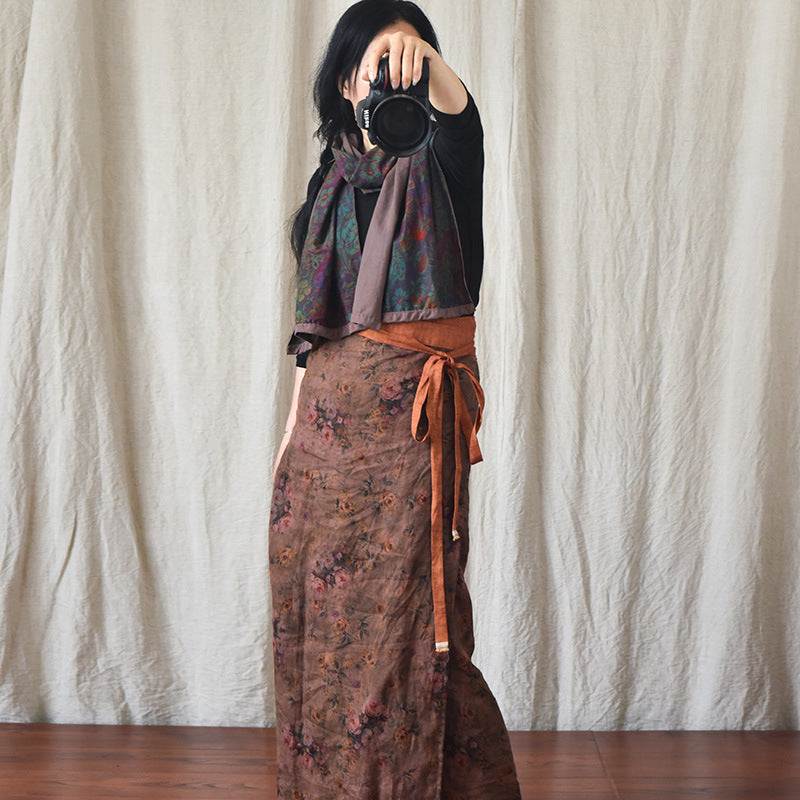 Retro High Waist Printing Crafts Linen Wrap Tie-shoulder Floral Skirt