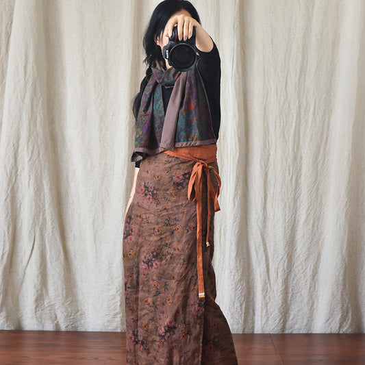 Retro High Waist Printing Crafts Linen Wrap Tie-shoulder Floral Skirt