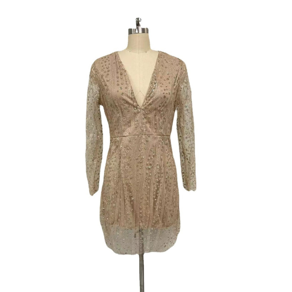 Deep V Sheer Gold Embellished Bodycon Dress With Long Sleeves