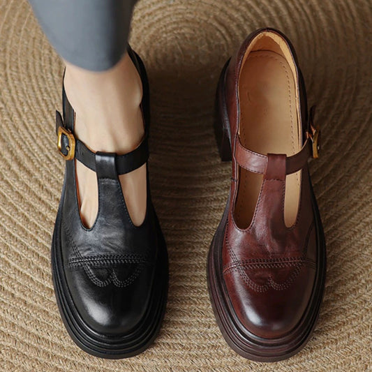 Soft Leather Shoes Female Chunky Heel Platform Mary Jane Shoes