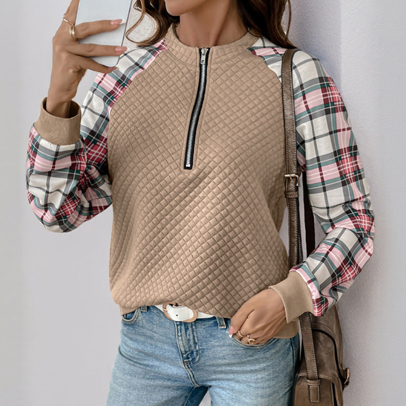 Cardigan i retrostil med lynlås, ternet syning, diamantmønstre og stofsweater