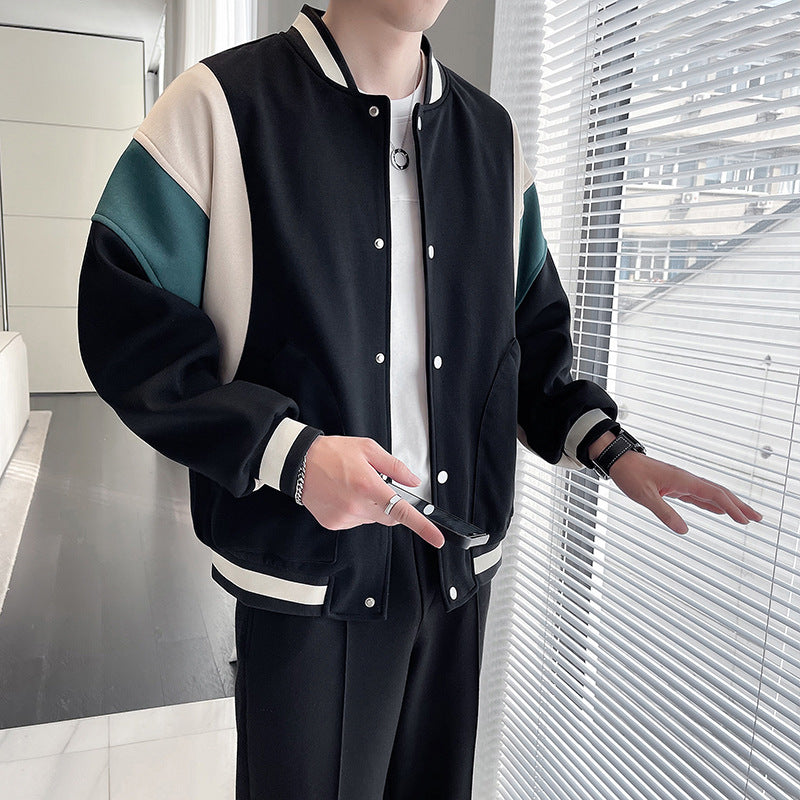 Men's Youth Stand Collar Stitching Casual Cotton Baseball Uniform Jacket Coat