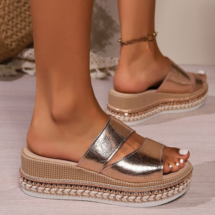 Platform Slippers Rivet Golden Hollow Sandals