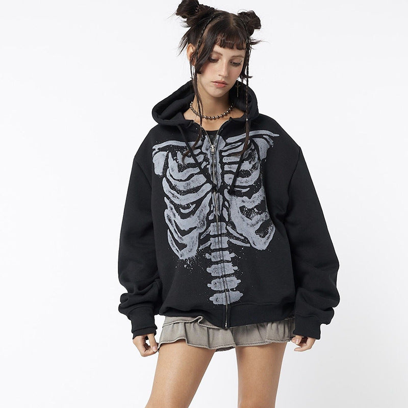 Skeleton Long Sleeve Round Neck Cardigan Printed Loose Sweatshirt