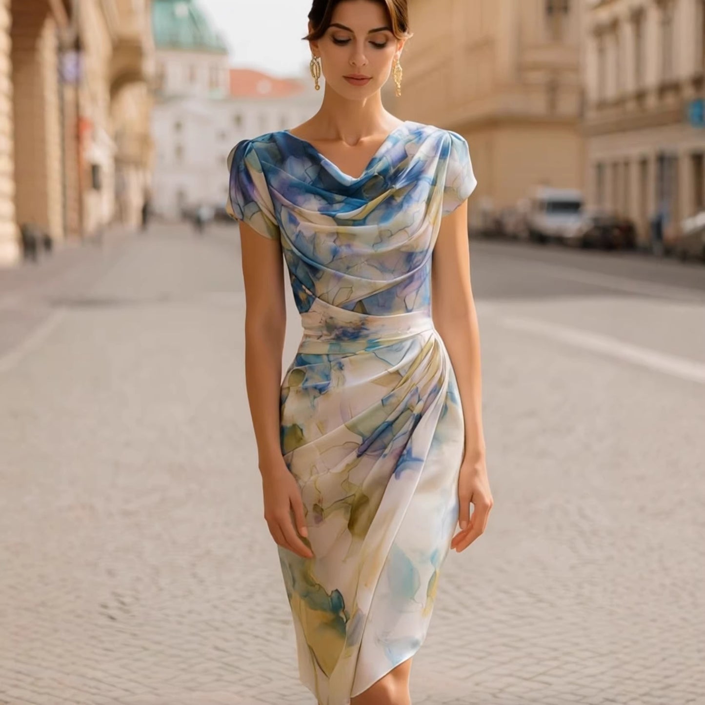 Elegant Abstract Print Pleated Boat-Neckline Holiday Dress