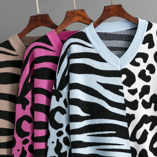 Leopard Splicing Mixed Sweater Pullover