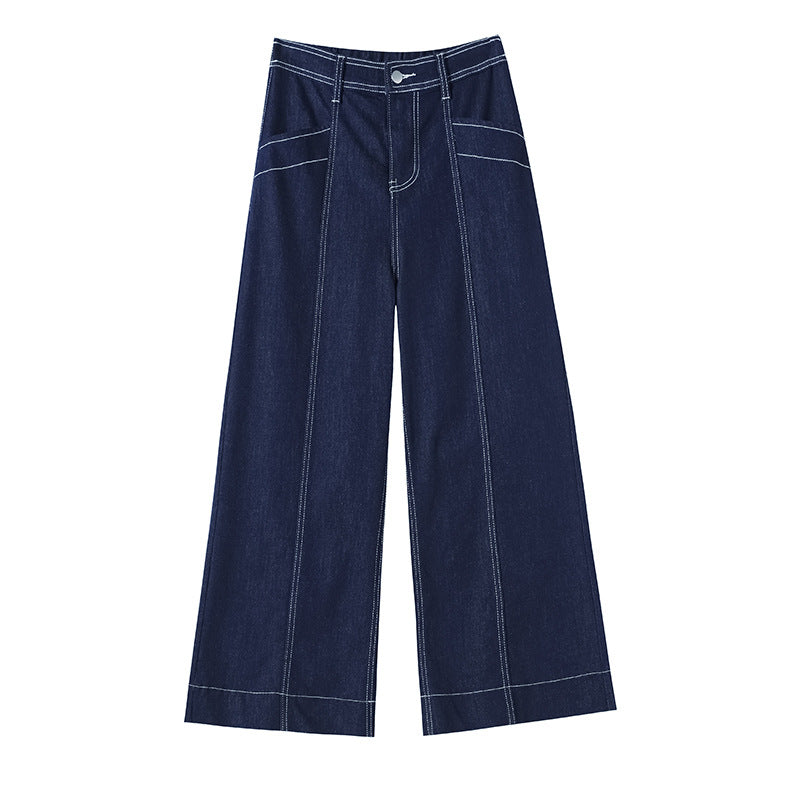Syede dobbeltlinjede jeans med vide ben og ankellængde til kvinder