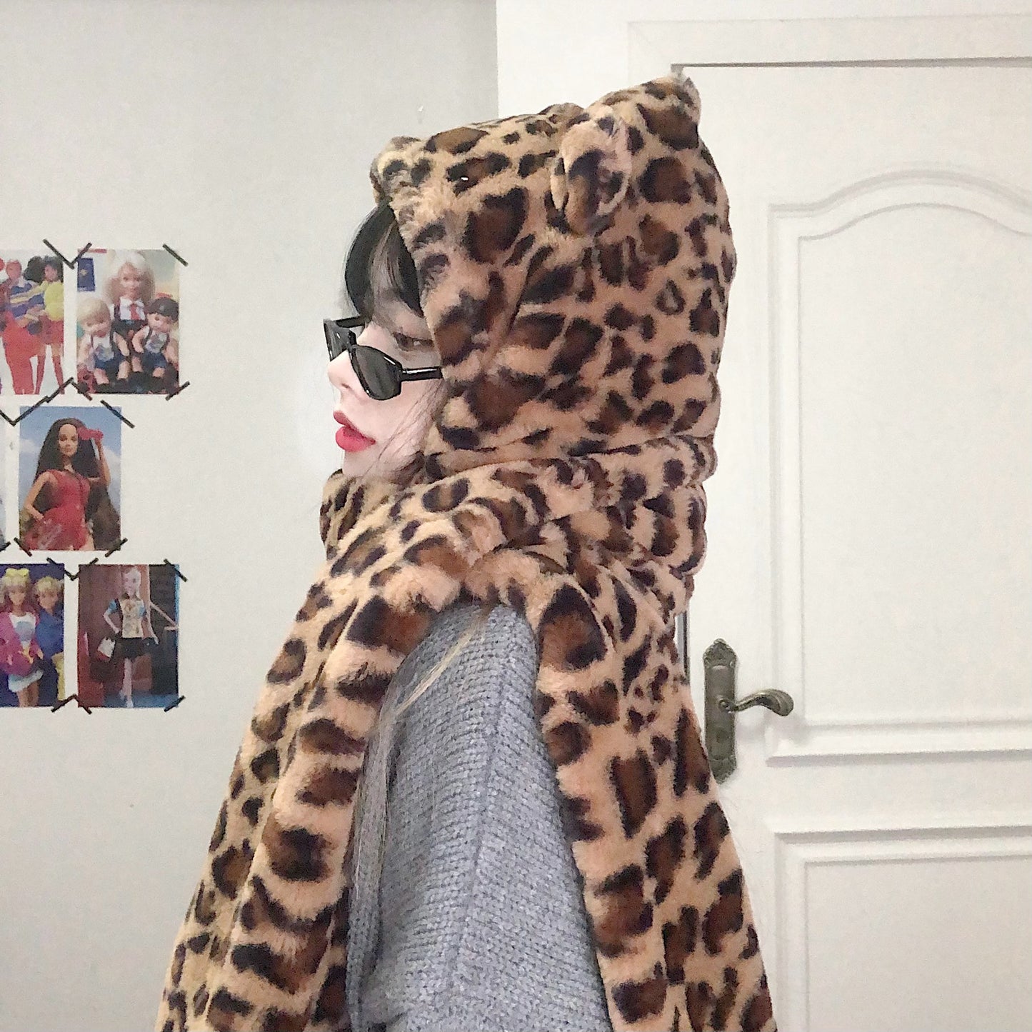 Bear Ear Hat Scarf All-in-one Warm Keeping Leopard Hat