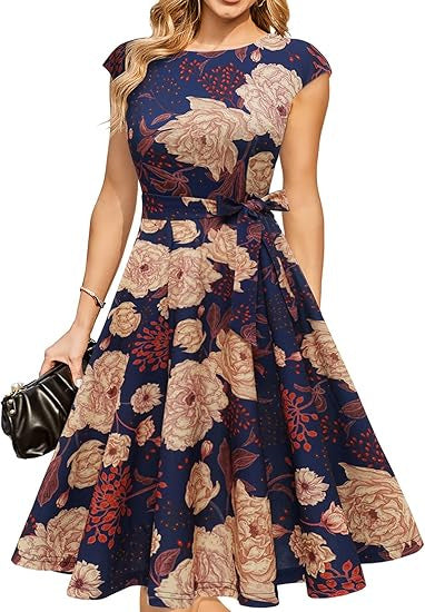 Elegant Round-neck Sleeveless Tie-waist Printed Dress