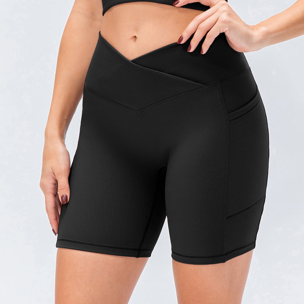 New Women's Yoga Shorts Cross Waist Slim Fit Fitness Pants Pockets High Waist Hip Lift Running Exercise Shorts