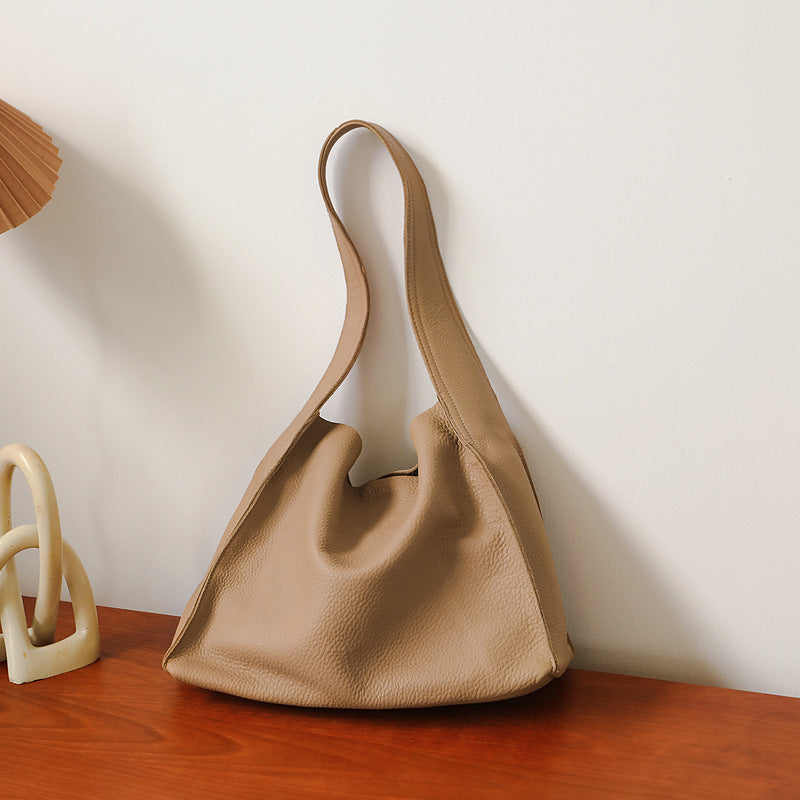 Genuine Leather Women's Bag Capacity Bucket Bag Retro Soft Leather