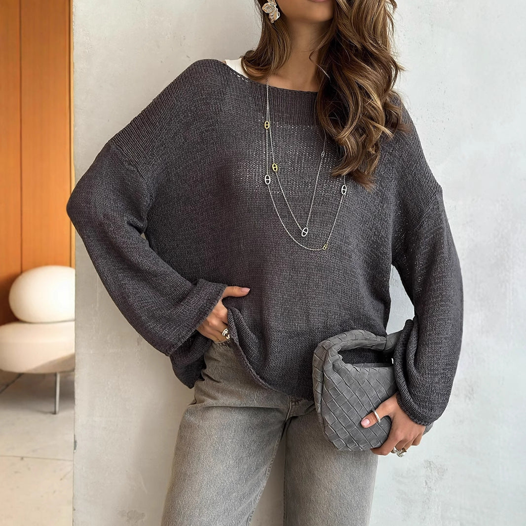 Women's Simple Solid Color Knitted Hollow-out Long-sleeved Sweater