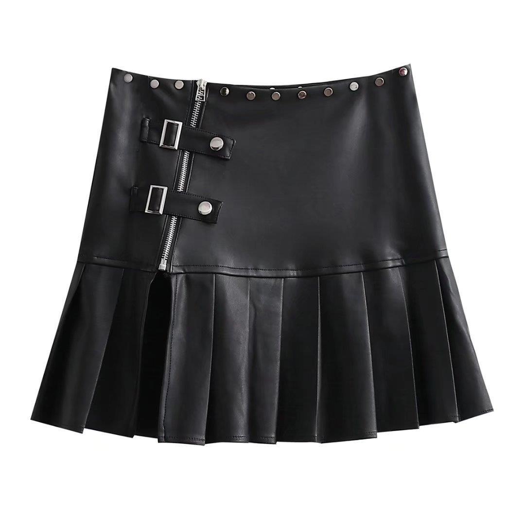 Zipper Split High Waist Mini Pleated Leather Skirt