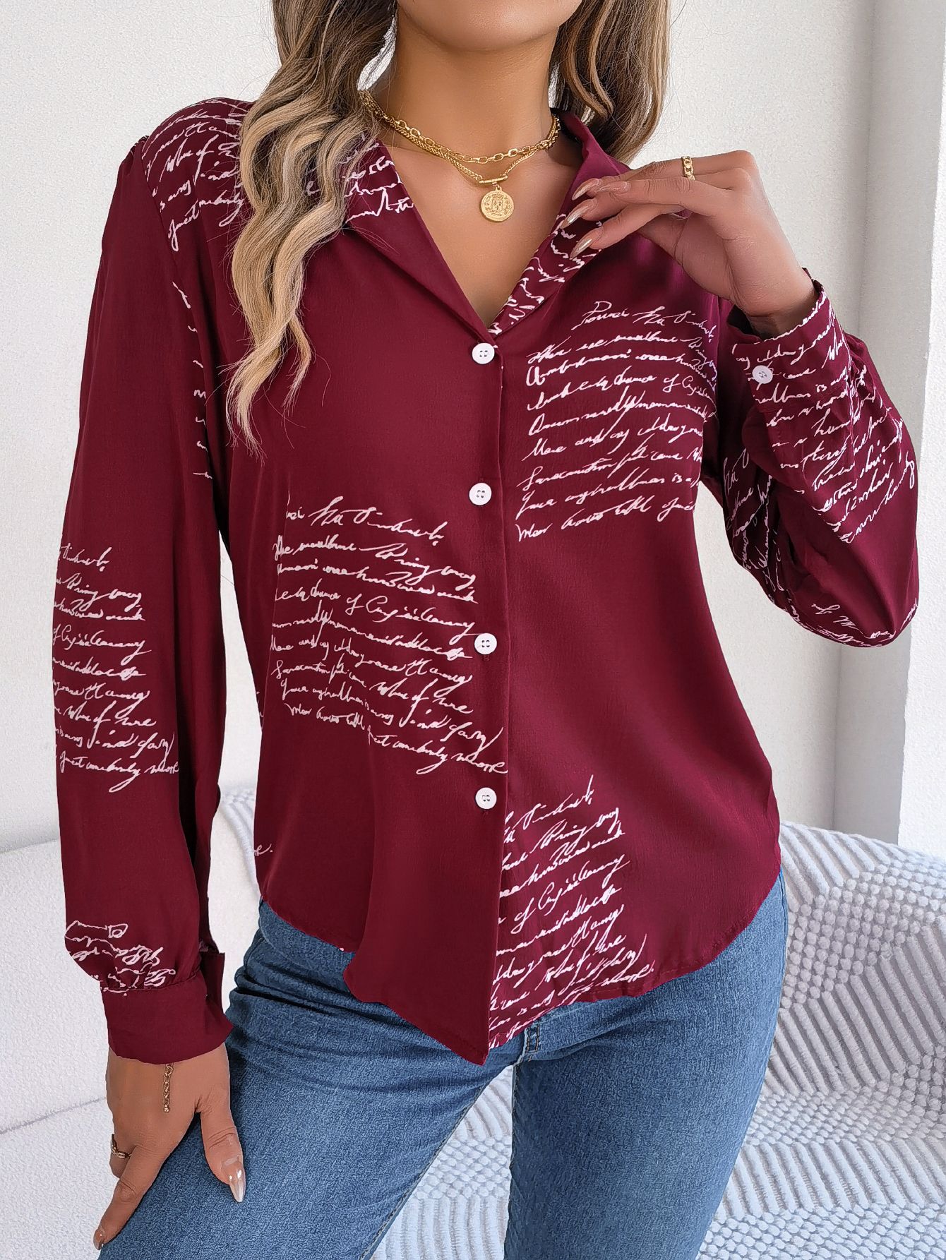 Women's Casual Versatile Letter Print Notched Lapel Long Sleeve Shirt
