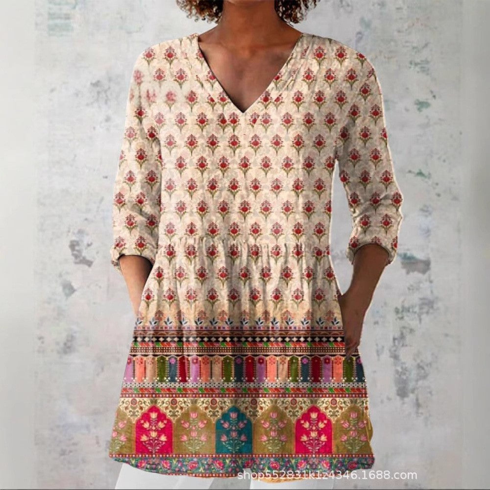 Women's Loose And Comfortable Digital Printed Round Neck Short-sleeved Top