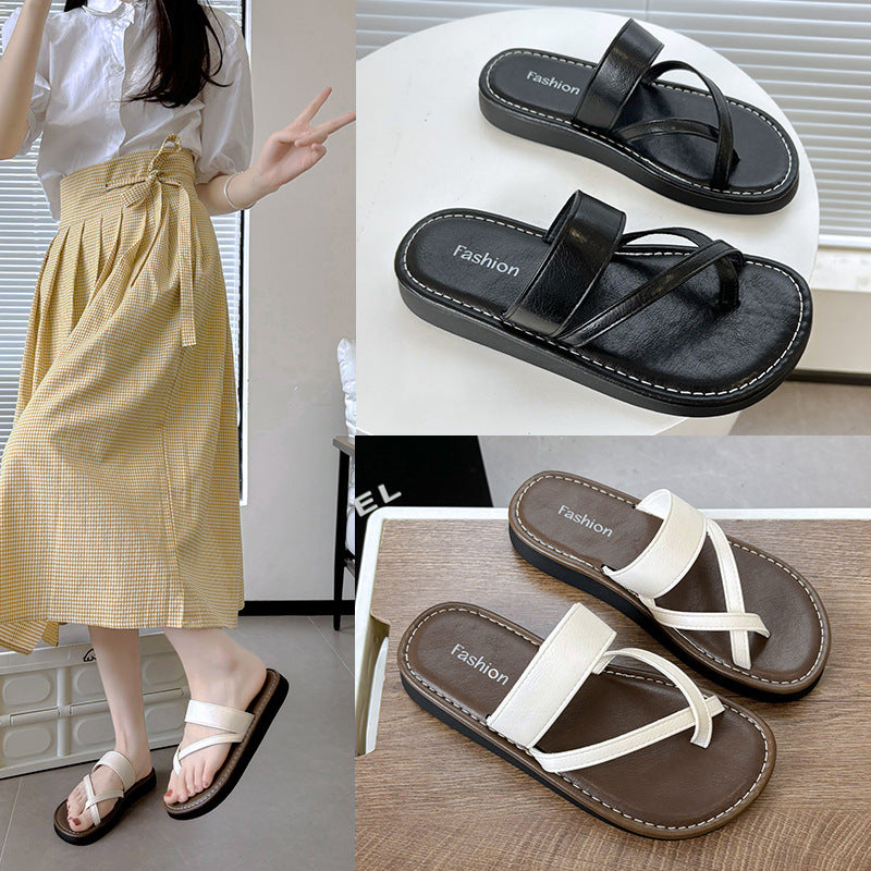 Women's Cross Strap Toe Covering Casual All-matching Outer Wear Vintage Soft Bottom Comfortable Beach Slippers