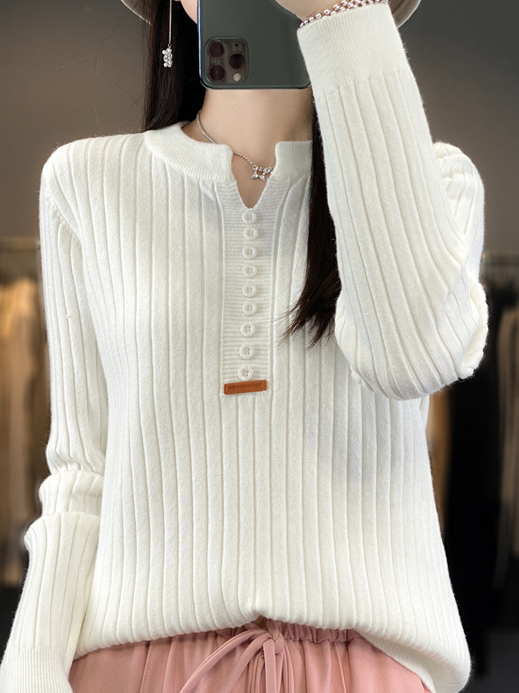 Long Sleeve Round V-neck Sweater Solid Color