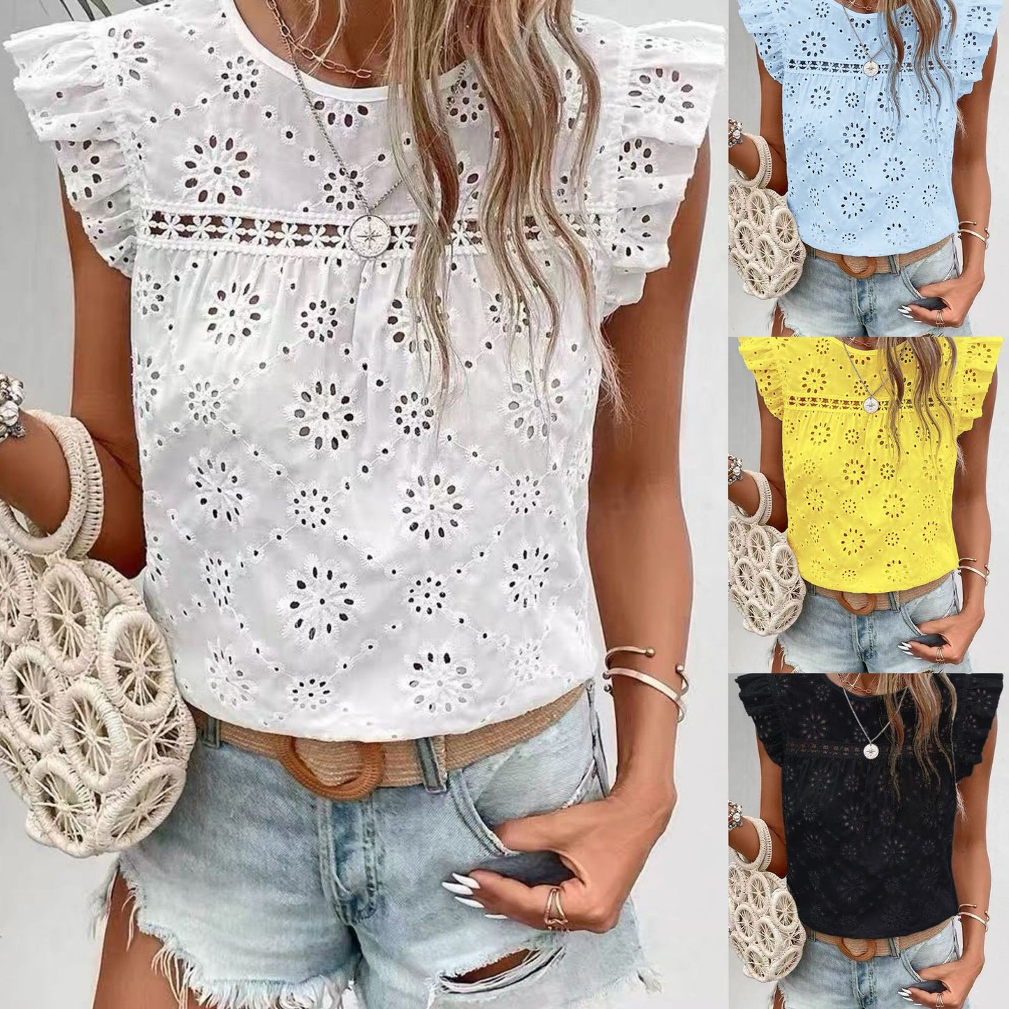 Women's Ruffled Sleeveless T-shirt Fashion Hollowed-out Pullover