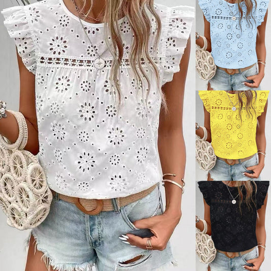 Women's Ruffled Sleeveless T-shirt Fashion Hollowed-out Pullover