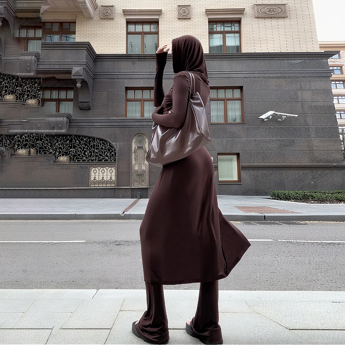 Fashionable Solid-Color Hooded Long-Sleeve Top And Slim-Fit Flared Pants Set