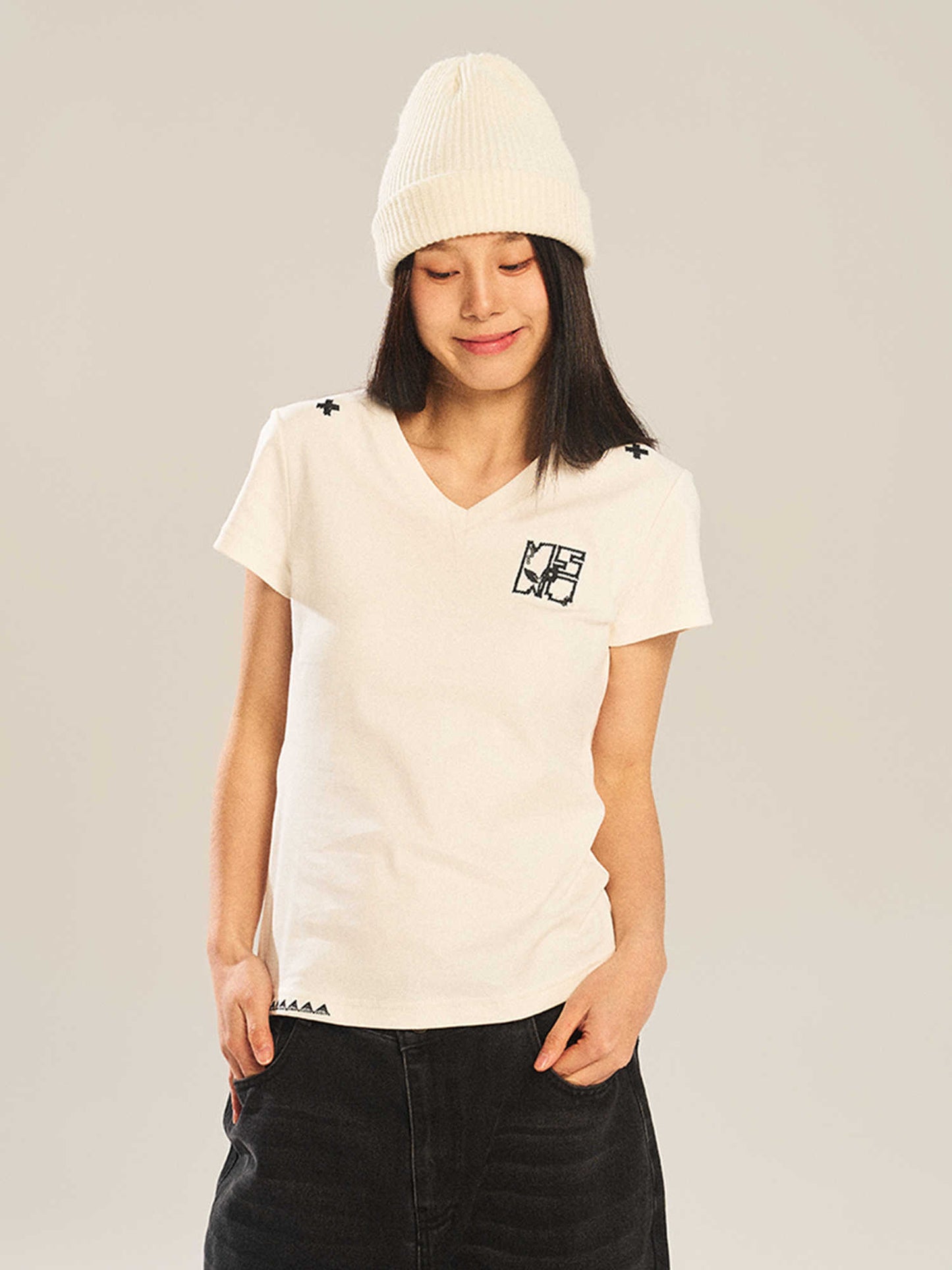 New Summer Sequin Lines All-match V-neck Slim-fit Short-sleeved