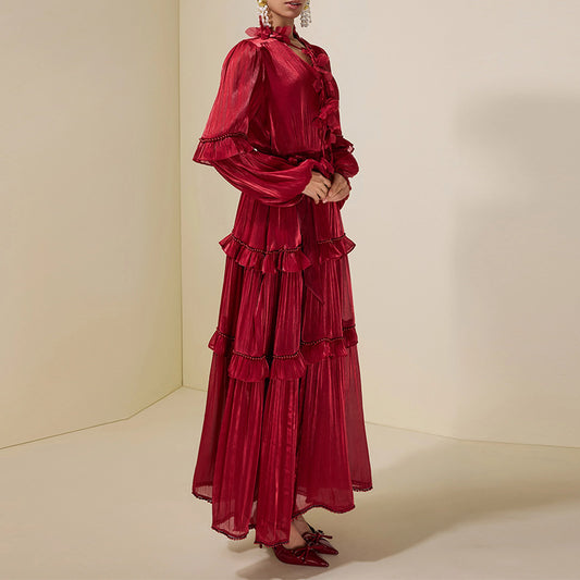 Women's Ruffled Panel Long-Sleeve Elegant Chiffon Dress