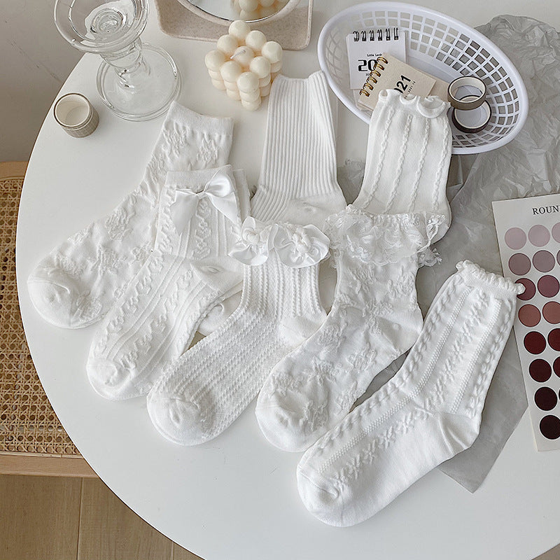 White Lolita Lace Socks Women's Mid Tube Cotton