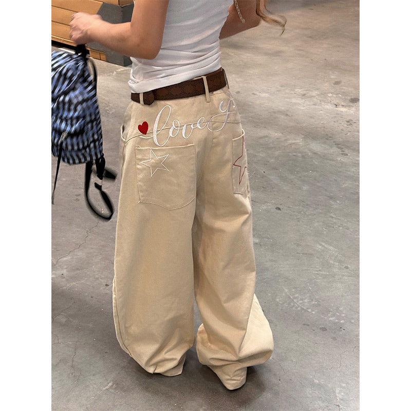 Street Retro Star Letters Embroidered Jeans For Women