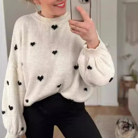 Female With Hearts Loose Sweater Pullover Long Sleeve Sweater