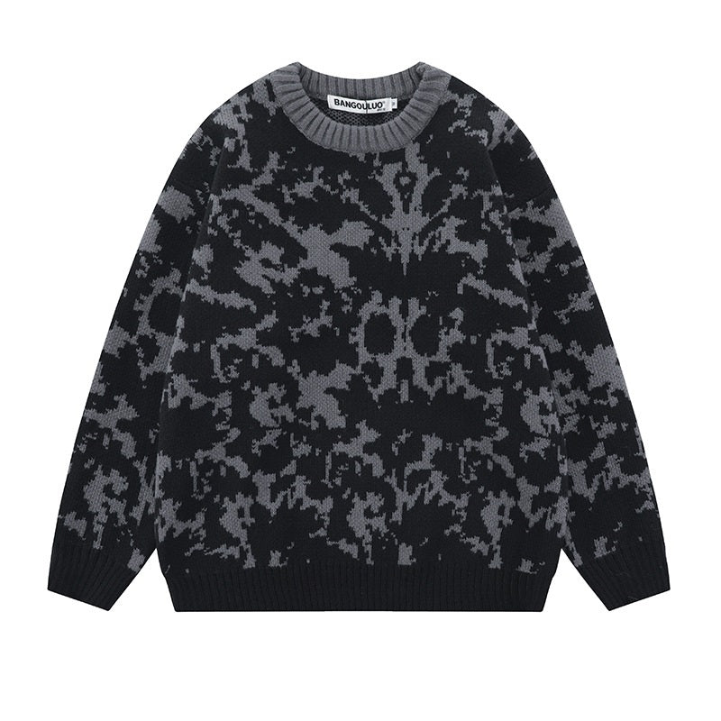 Azure And Other Smoky Rain European And American Dark Contrasting Color Jacquard Knitwear Men's And Women's Round Neck Sweater